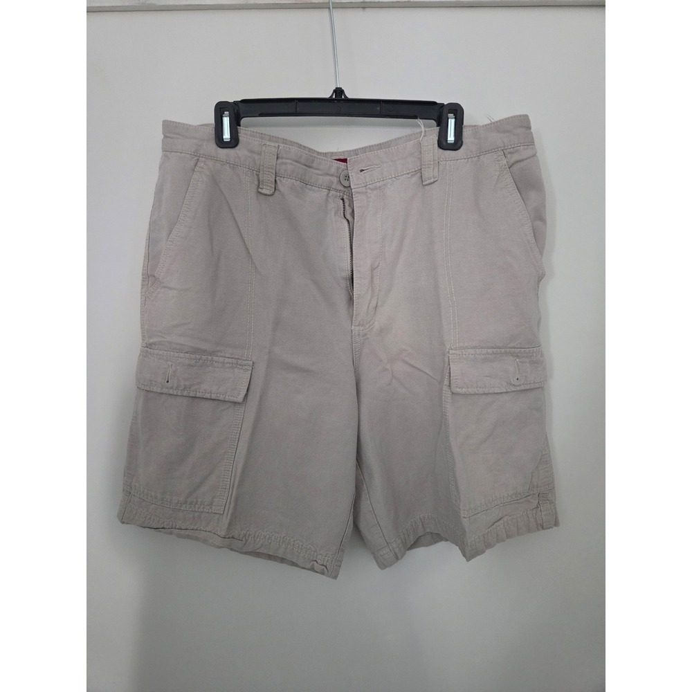 Merona Mens Cargo Shorts Tan Khaki Cotton Rayon Blend Size 36 Flat Front Casual